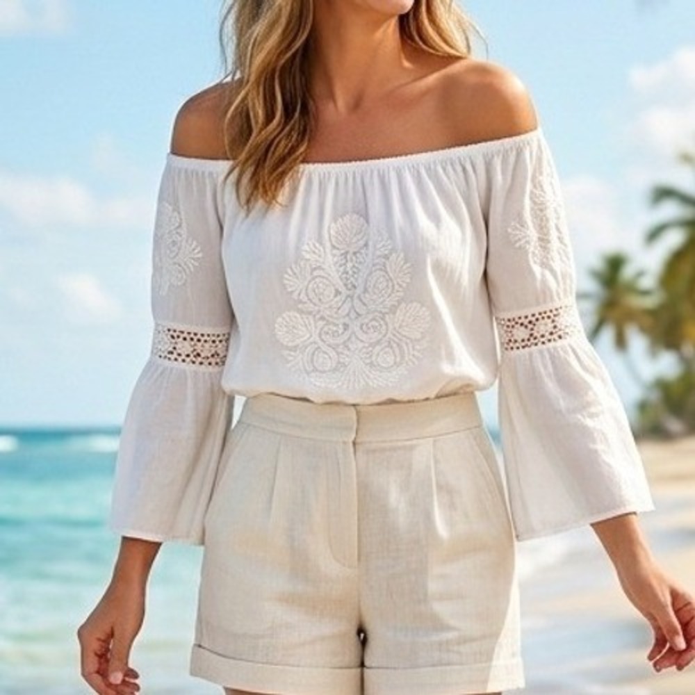 Forever 21 White Embroidered Off Shoulder Bell Sleeve‎ Peasant Crop Top M Boho